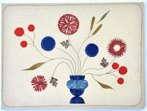 Christine Meuris Field Flowers Red, Handprinted Kozo Paper, Linen, Thread On Bookbinding Cloth And Linen, With Alder Batten Edges, 32 X 24 Inches, 2024 $1,000