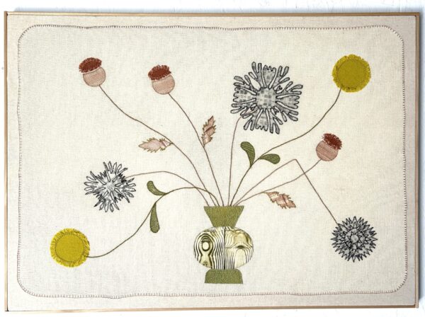 Christine Meuris Poppy And Thistle, Handprinted Kozo Paper, Linen, Thread On Bookbinding Cloth And Linen, With Alder Batten Edges, 32 X 23 Inches, 2024 $1,000