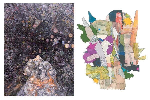 Left: Linda MacDonald, “Revelation”, 2022, Oil on Canvas, 64 in. x 48 in. x 2 in. (photo courtesy of the artist) Right: Kim Smith, “Village”, 2025, Collage & Ink on Paper, 26.5 in. x 24 in. x 1.25 in. (photo courtesy of Tony Molatore)