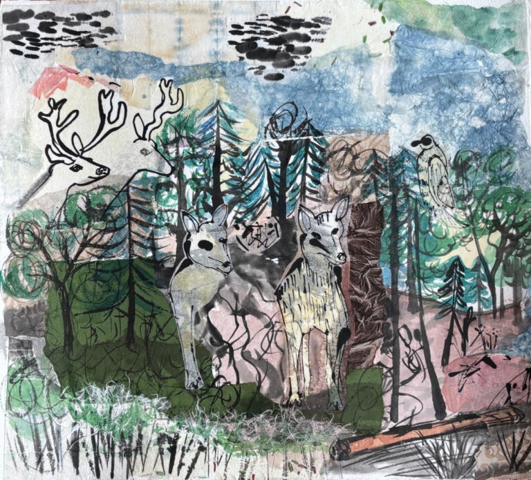 Jill McLennan, First Contact, 2026, Ink, Collage Papers, + Water Color on Paper, 20x24, photo courtesy of the artist